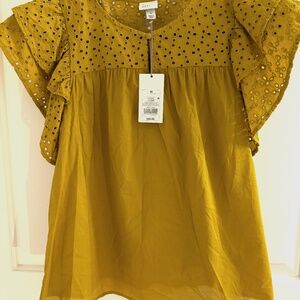 NWT A New Day Mustard Eyelet Flutter Sleeve Blouse - Size M